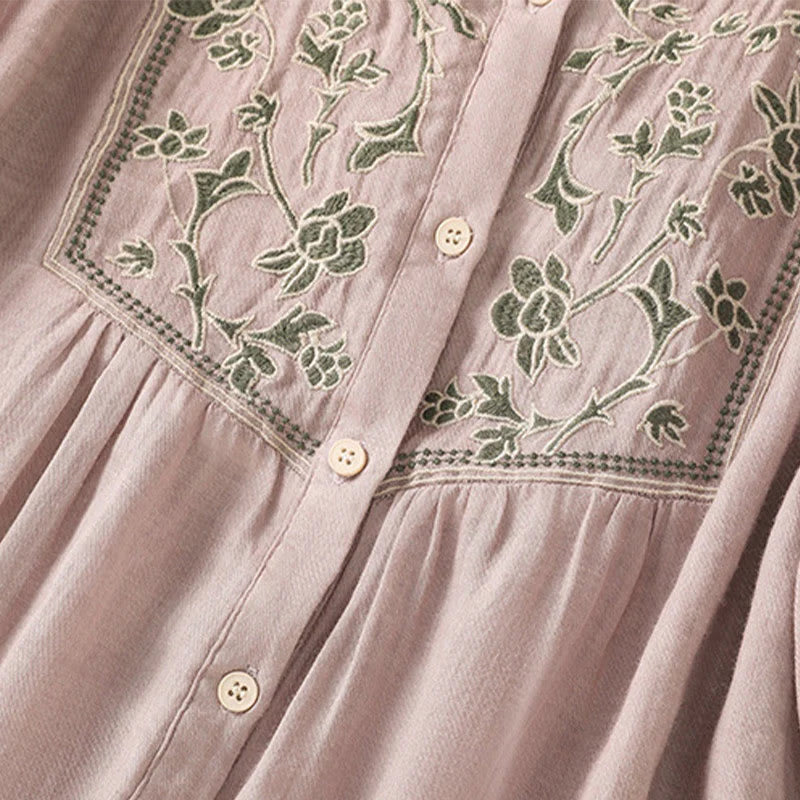 Buddha Stones Embroidery Single Breasted Women's Cotton Linen Three Quarter Sleeve Shirt