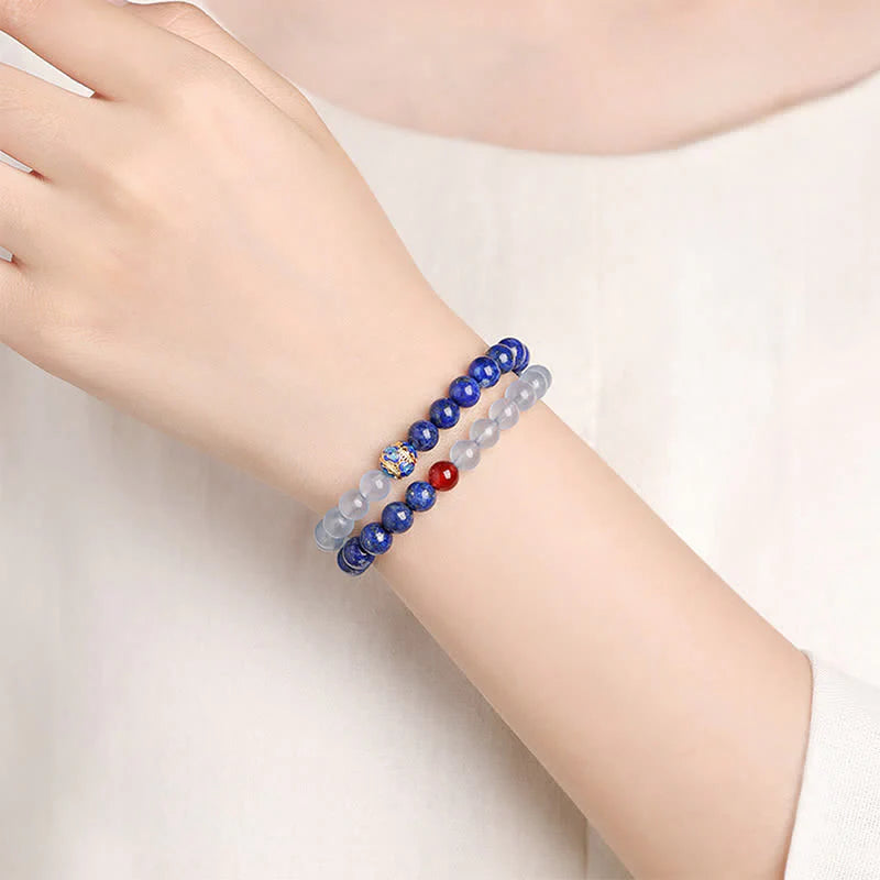 Buddha Stones Lapis Lazuli Aquamarine Red Agate Double Wrap Design Balance Bracelet