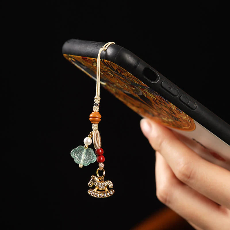 Buddha Stones Year of the Horse Copper Cinnabar Blue Chalcedony Red Agate Liuli Luck Phone Hanging Decoration