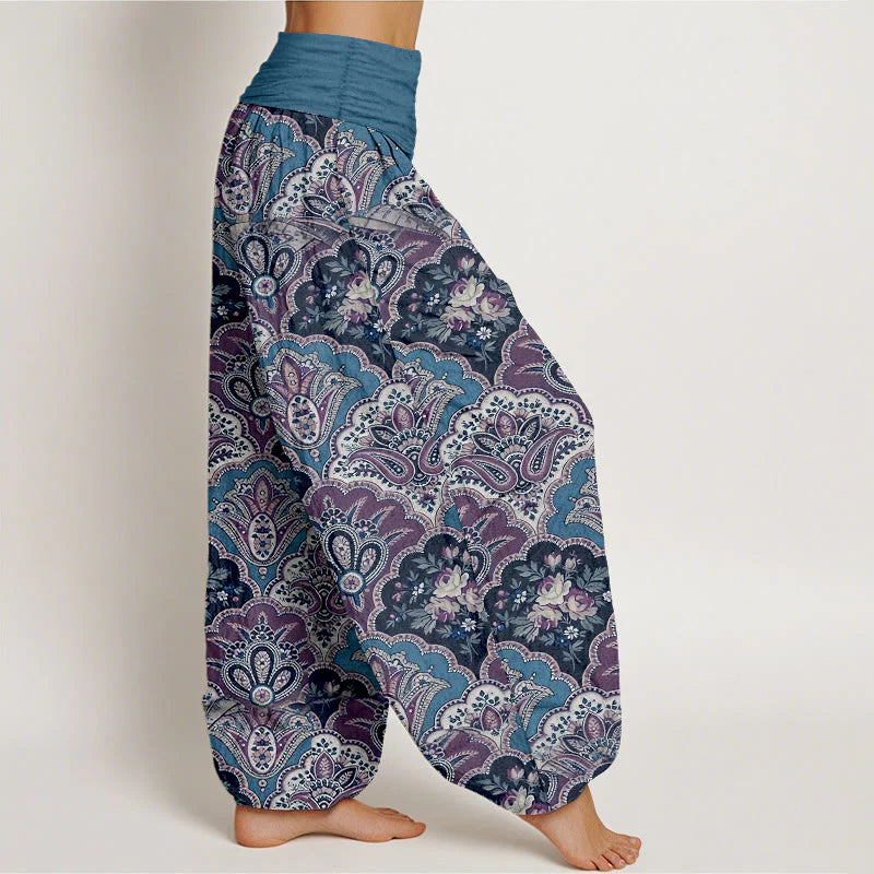 Buddha Stones Cotton Repetitive Fan Shape Flowers Leaves Pattern Women's Elastic Waist Harem Pants