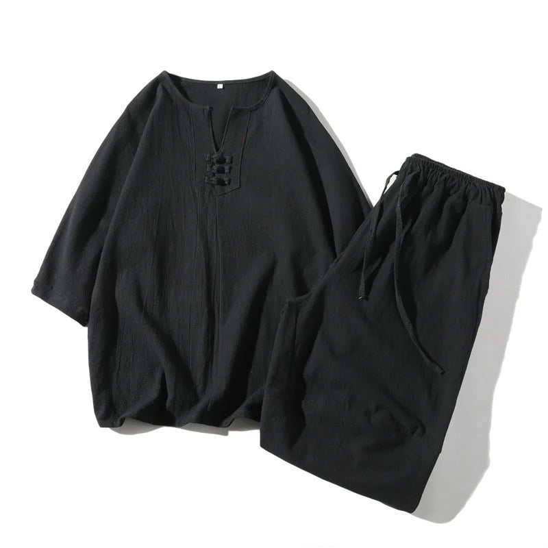 Buddha Stones 2Pcs Plain Notched Collar T-Shirt 7-8 Length Wide Leg Shorts With Pockets Cotton Linen Men's Meditation Cloth Set