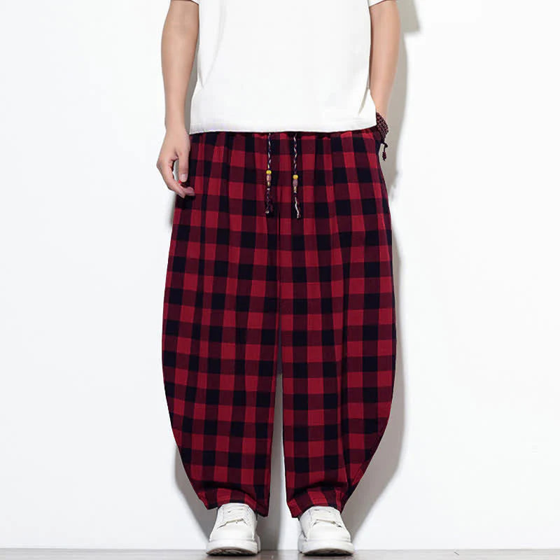 Buddha Stones Summer Plaid Pattern High Waist Drawstring Men's Harem Pants With Pockets