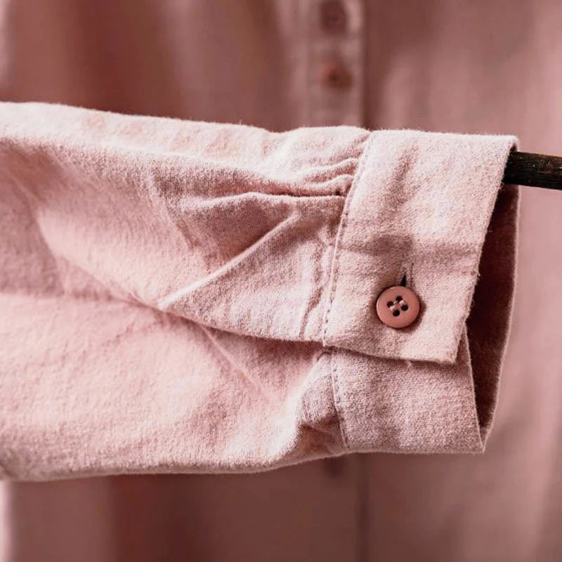 Buddha Stones Fall Solid Color Button Down Stand Collar Long Sleeve Women's Cotton Shirt