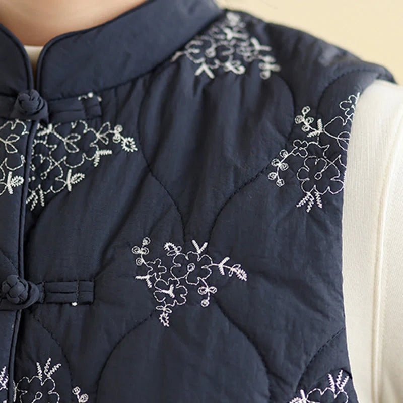 Buddha Stones Embroidered Frog-Button Women's Sleeveless Cotton Vest Waistcoat With Pockets