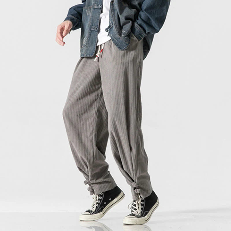 Buddha Stones Fall Winter Men's Pure Color Button Design Cotton Straight Leg Pants With Pockets