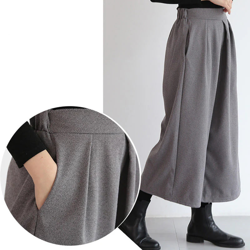 Buddha Stones Plain Elastic Waistband Design Women's 7-8 Length Wide Leg Pants With Pockets