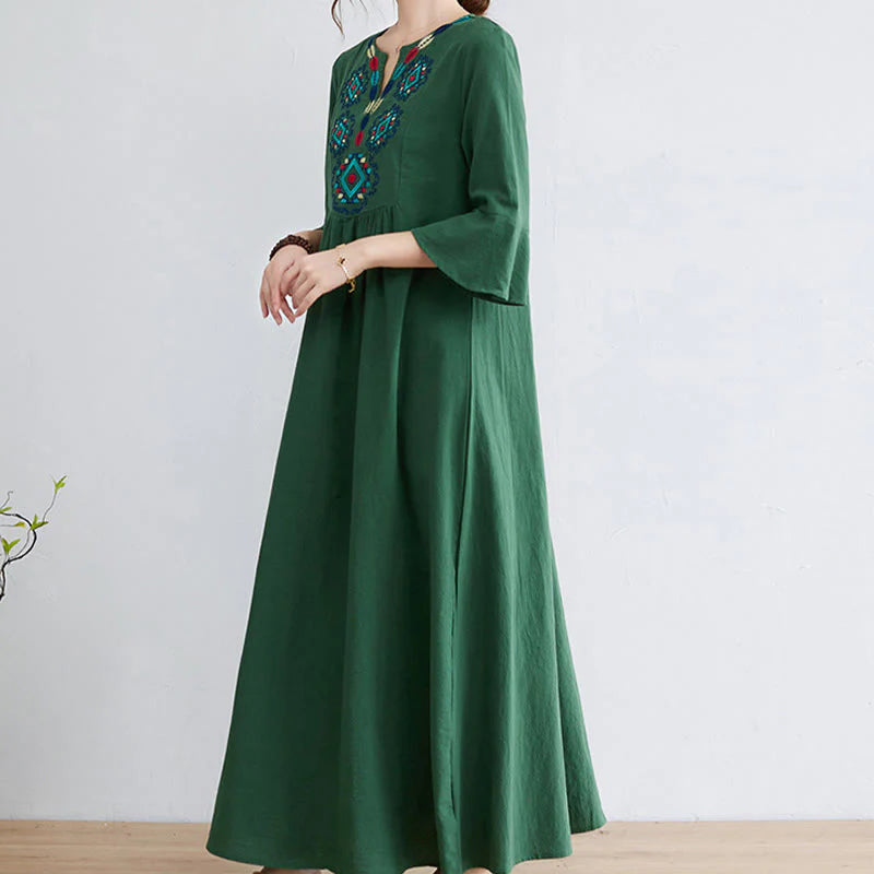 Buddha Stones Loose Plain Ethnic Embroidery Floral Pattern Three Quarter Sleeve Cotton Linen Maxi Dress