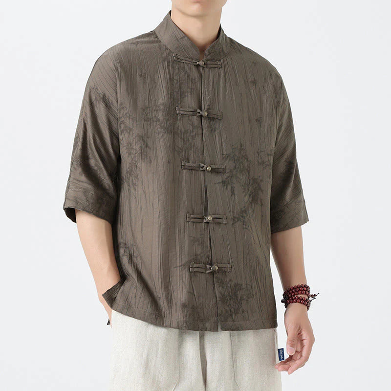 Buddha Stones Summer Pine Needles Pattern Short Sleeve Frog-Button Design Men's Shirt