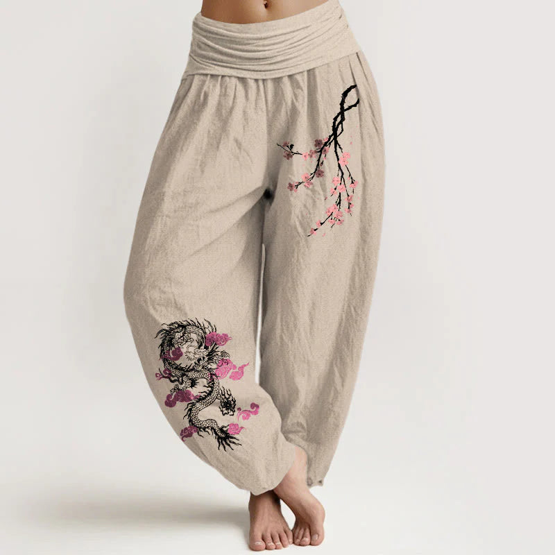 Buddha Stones Dragon Auspicious Clouds Flower Pattern Women's Elastic Waist Harem Cotton Pants