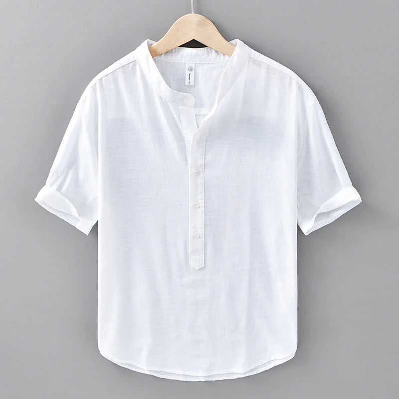 Buddha Stones Summer Solid Color Men's Half Button Short Sleeve Cotton Linen Shirt
