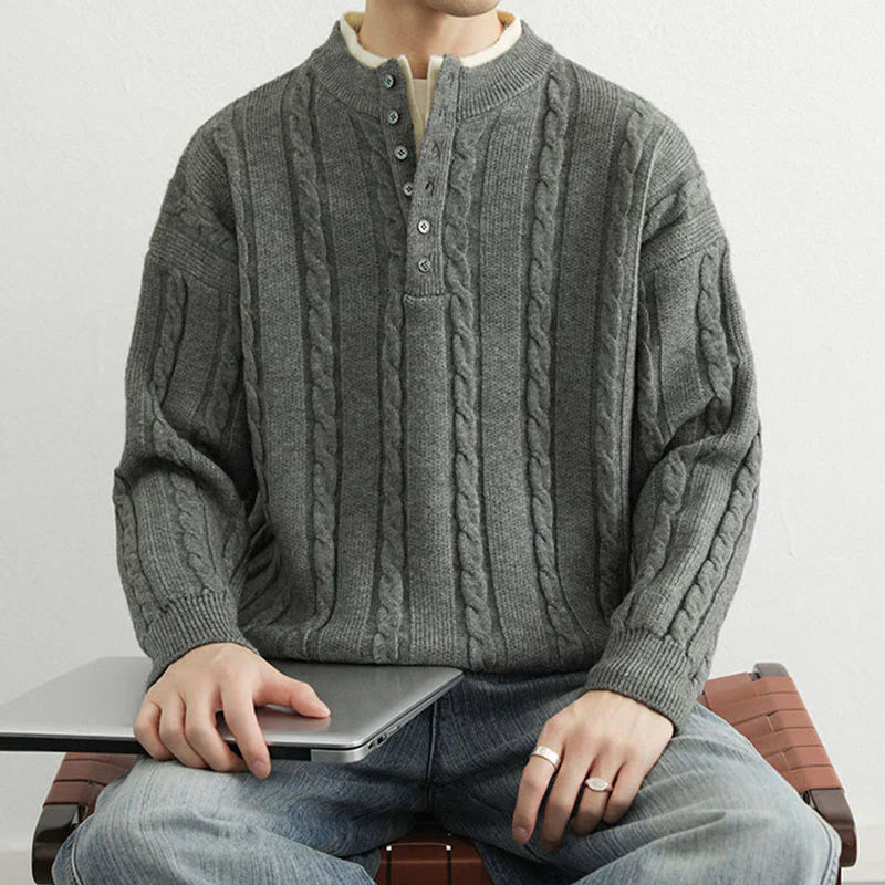 Buddha Stones Winter V-Neck Buttons Twisted Design Warm Men's Long Sleeve Knitted Sweater