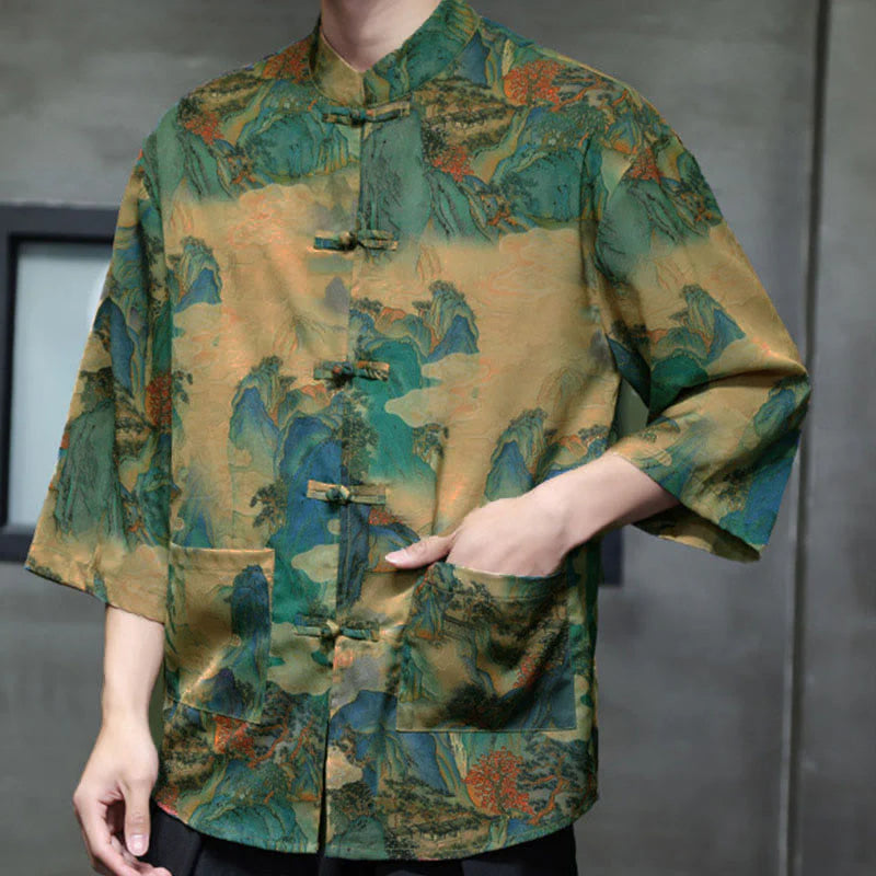 Buddha Stones Spring Frog-Button Dragon Mountain Flower Three Quarter Sleeve Tang Suit Men's Shirt With Pockets