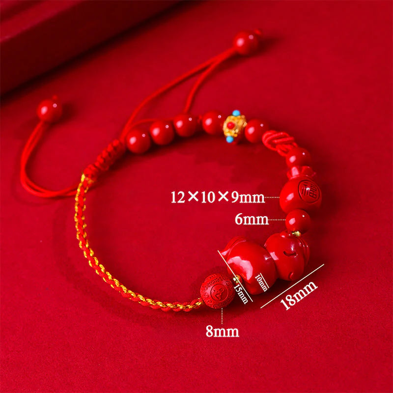 Buddha Stones Year of the Horse Natural Cinnabar Fu Character Lucky Bag Blessing Bracelet