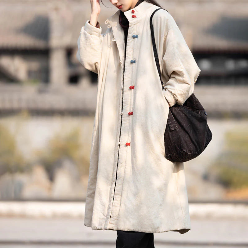Buddha Stones Winter Solid Frog-Button Ramie Cotton Women's Long Sleeve Thermal Coat With Pockets