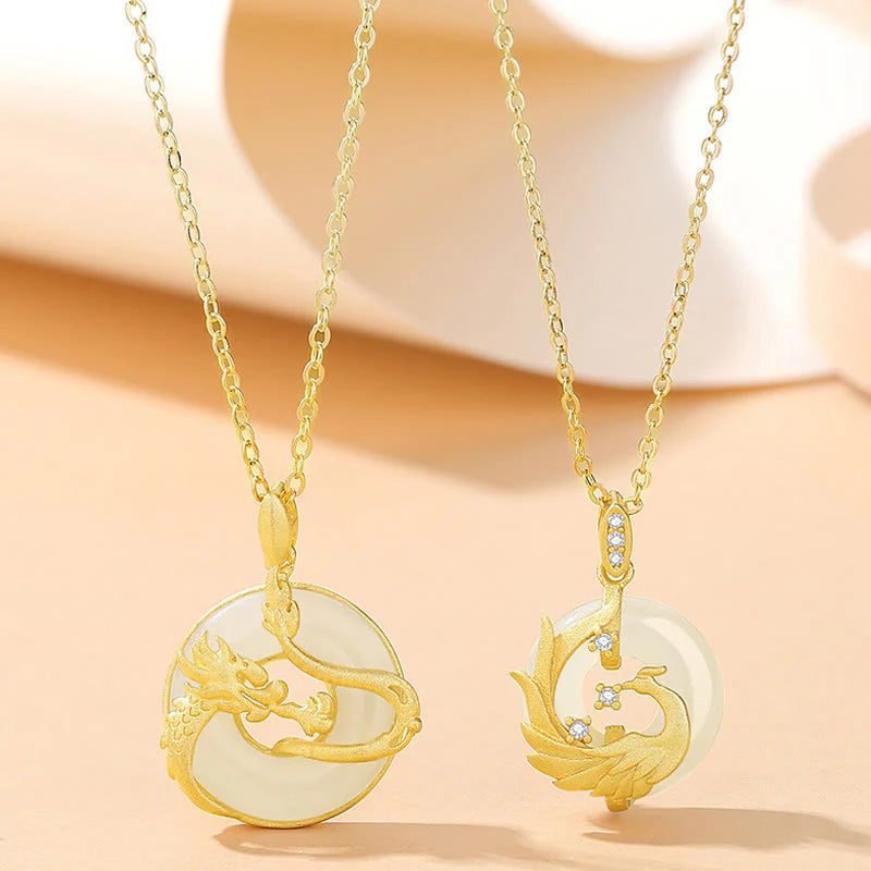 Buddha Stones 925 Sterling Silver Year of the Dragon Hetian Jade Golden Dragon Phoenix Peace Buckle Luck Necklace Pendant
