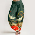 Buddha Stones Pure Cotton Vivid Crane Pine Tree Pattern Women's Elastic Waist Harem Pants