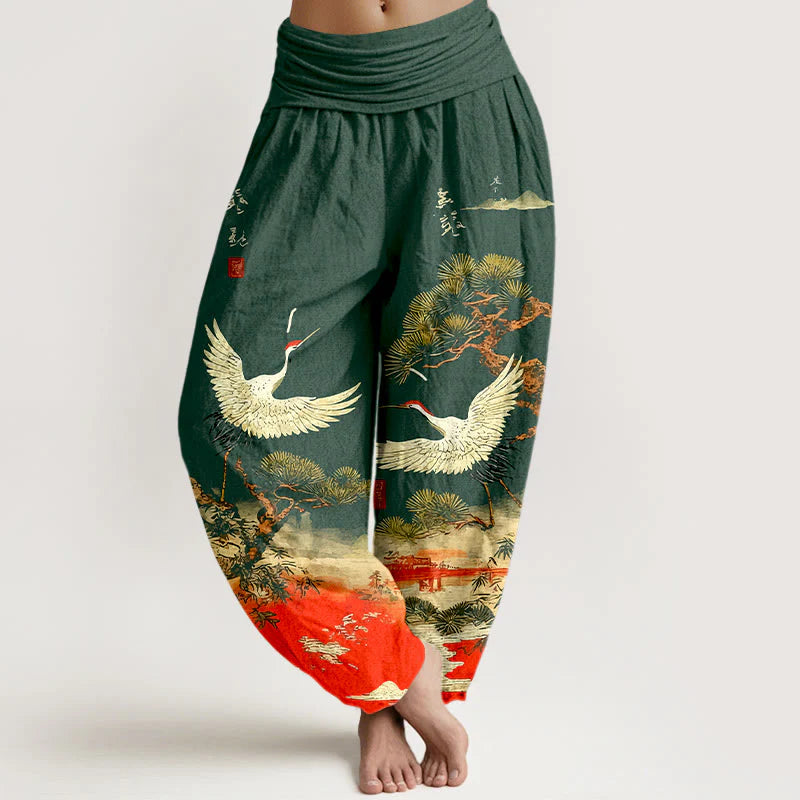 Buddha Stones Pure Cotton Vivid Crane Pine Tree Pattern Women's Elastic Waist Harem Pants
