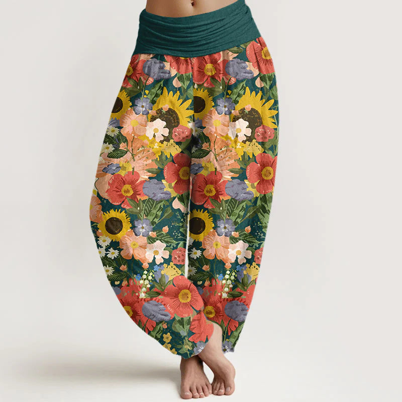 Buddha Stones Pure Cotton Colorful Sunflower Daisy Small Red Purple Flowers Pattern Women's Elastic Waist Harem Pants