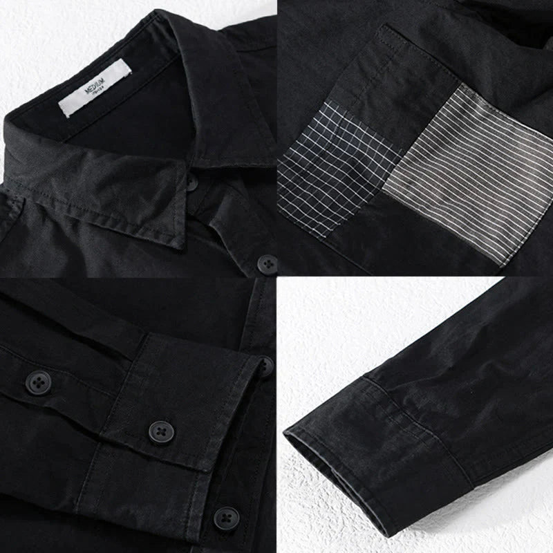 Buddha Stones Fall Square Color Blocking Decorative Pocket Buttons Down Stand Collar Long Sleeve Men's Cotton Shirt