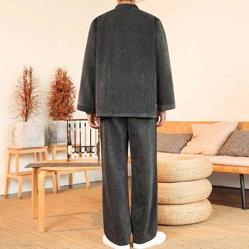 Buddha Stones 2Pcs Winter Thick Men's Tang Suit Frog-Button Cotton Corduroy Long Sleeve Jacket Pants Set With Pockets