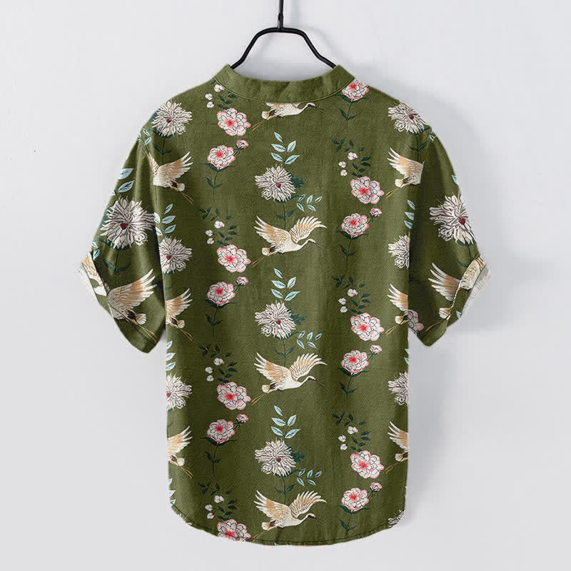 Buddha Stones Cotton Crane Floral Print Men's Short Sleeve Half Button Shirt