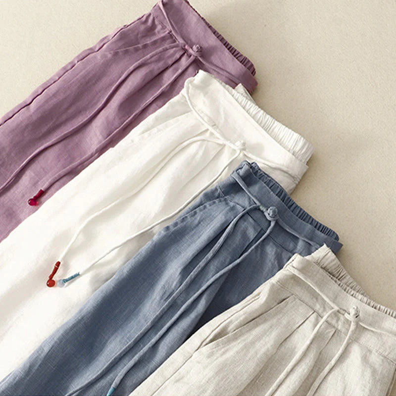 Buddha Stones Spring Casual Solid Color Drawstring Design  Women's Cotton Linen 7-8 Length Wide Leg Pants With Pockets