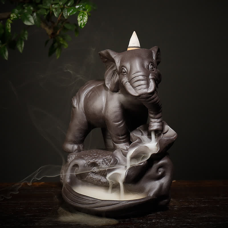 Buddha Stones Tibetan Elephant Purple Clay Backflow Smoke Fountain Peace Healing Incense Burner Decoration