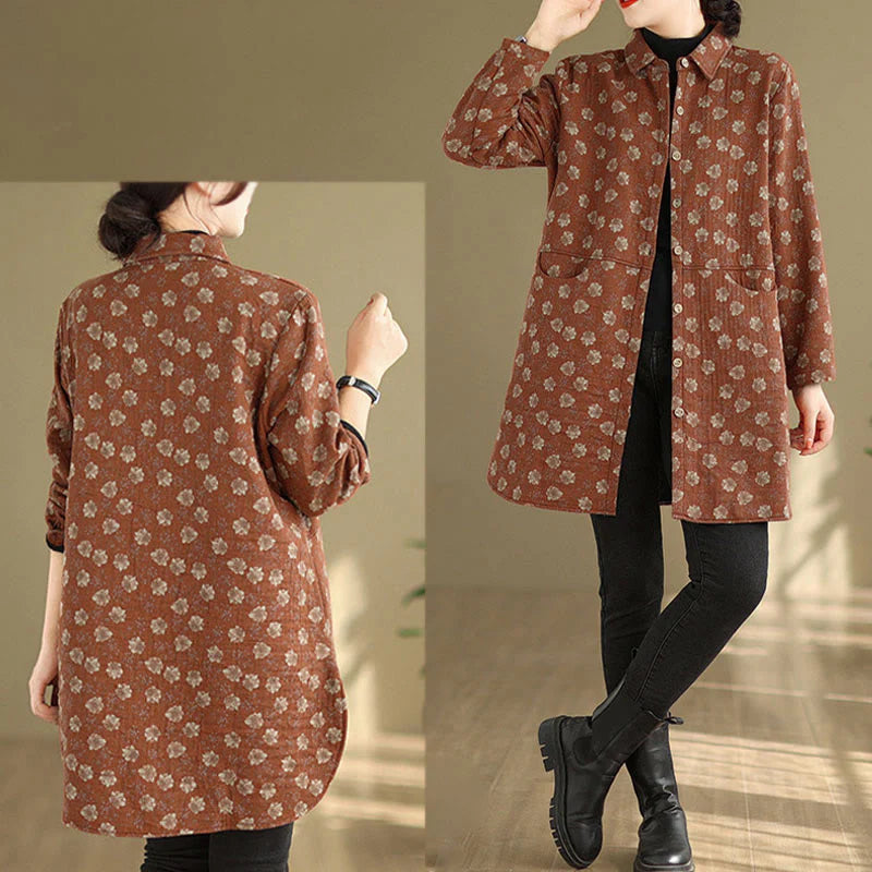 Buddha Stones Fall Winter Buttons Flower Patterns Long Sleeve Cotton Women's Jacket With Pockets