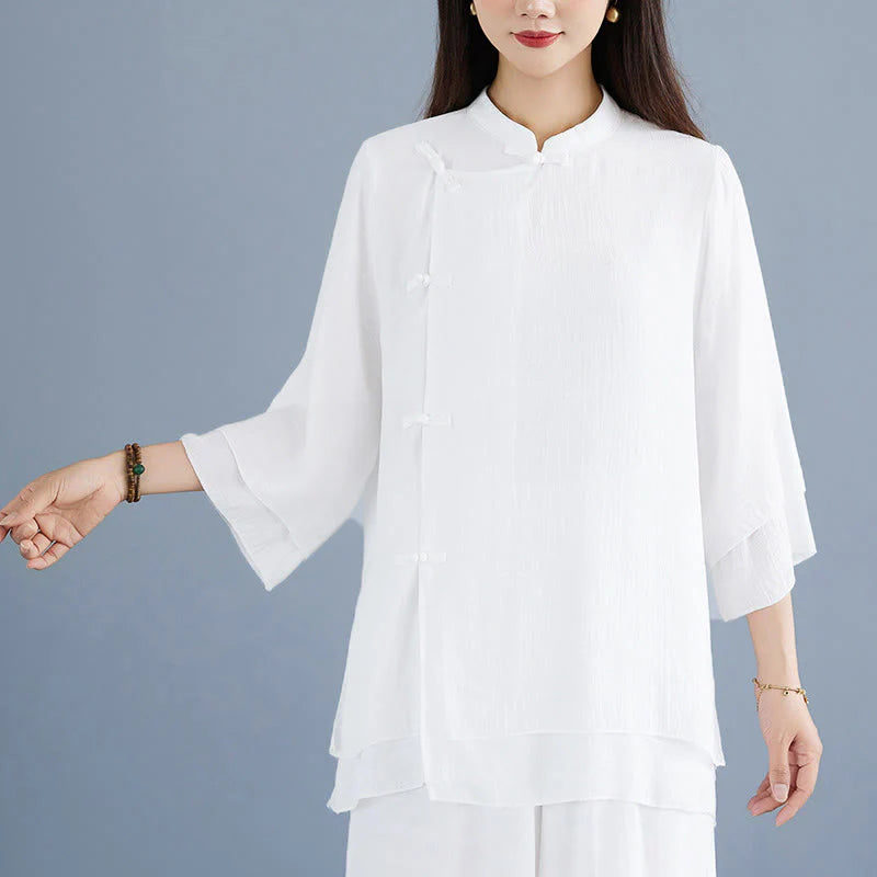 Buddha Stones 2Pcs Solid Color White Frog-Button Three Quarter Sleeve Shirt Wide Leg Pants Meditation Zen Clothing Women's Set