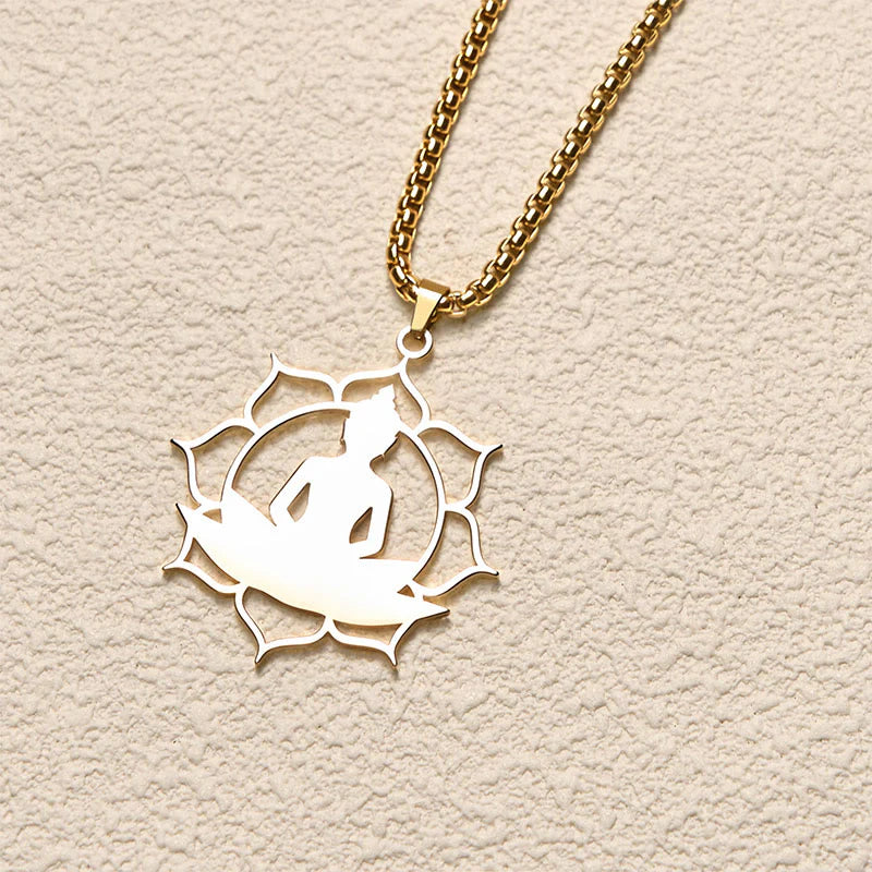 Buddha Stones Vintage Lotus Sitting Buddha Design Stainless Steel Enlightenment Necklace Pendant