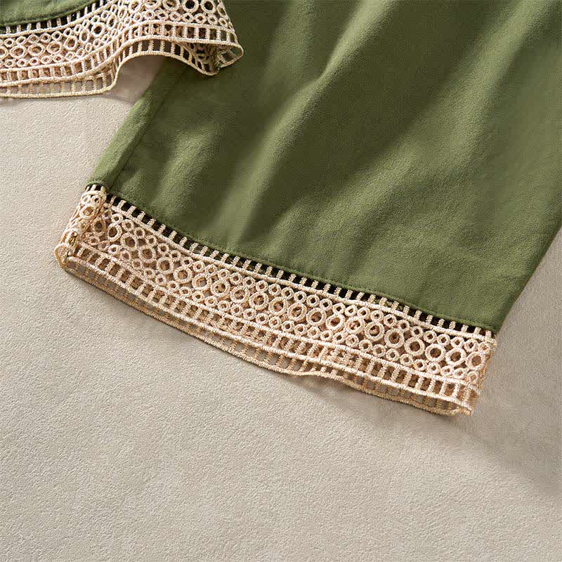 Buddha Stones Summer Lace-trimmed Hem Solid Color Women's Tapered Pants With Pockets