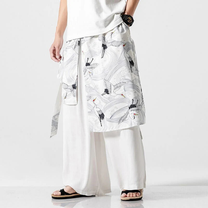 Buddha Stones Summer Flying Crane Design Cotton Men's Wide Leg Pants With Pockets