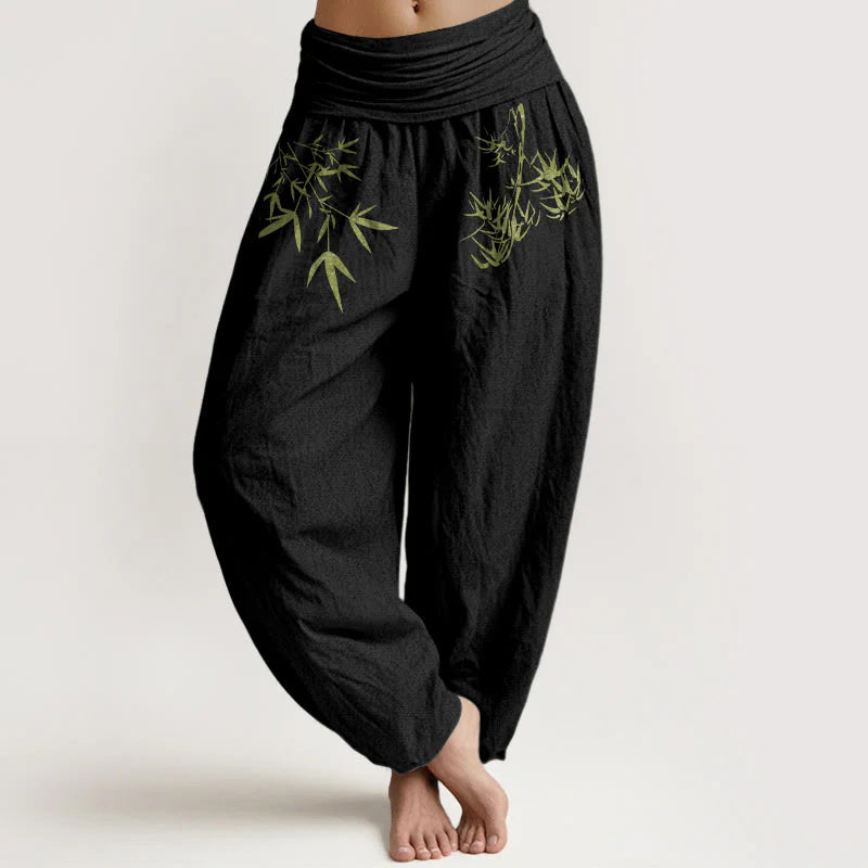 Buddha Stones Pure Cotton Minimalist Style Bamboo Leaf Pattern Women's Elastic Waist Harem Pants