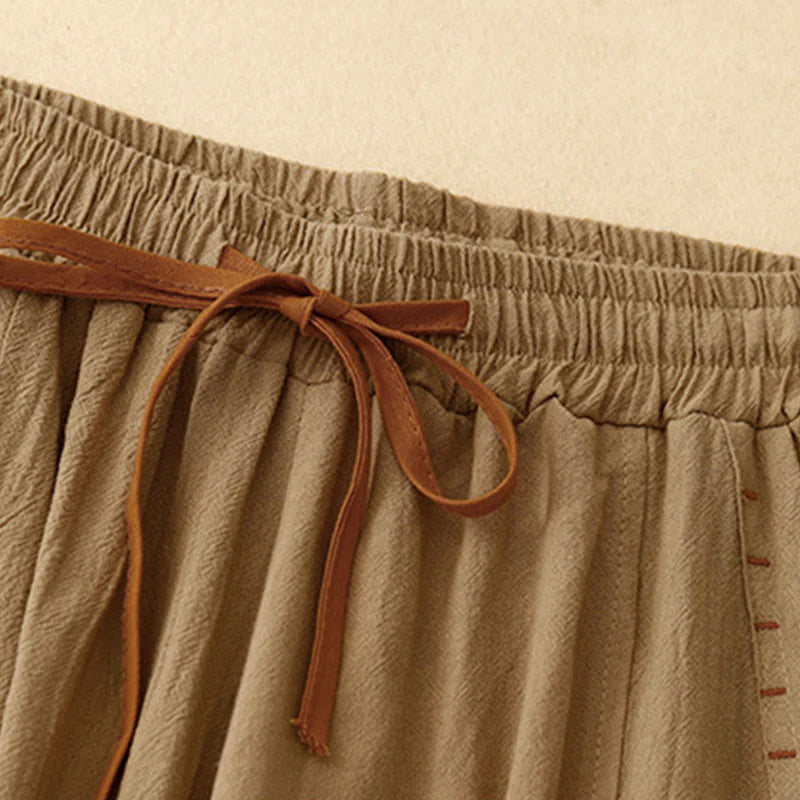 Buddha Stones Casual Side Slits Design Cotton Women's Wide Leg 7-8 Length Pants With Pockets