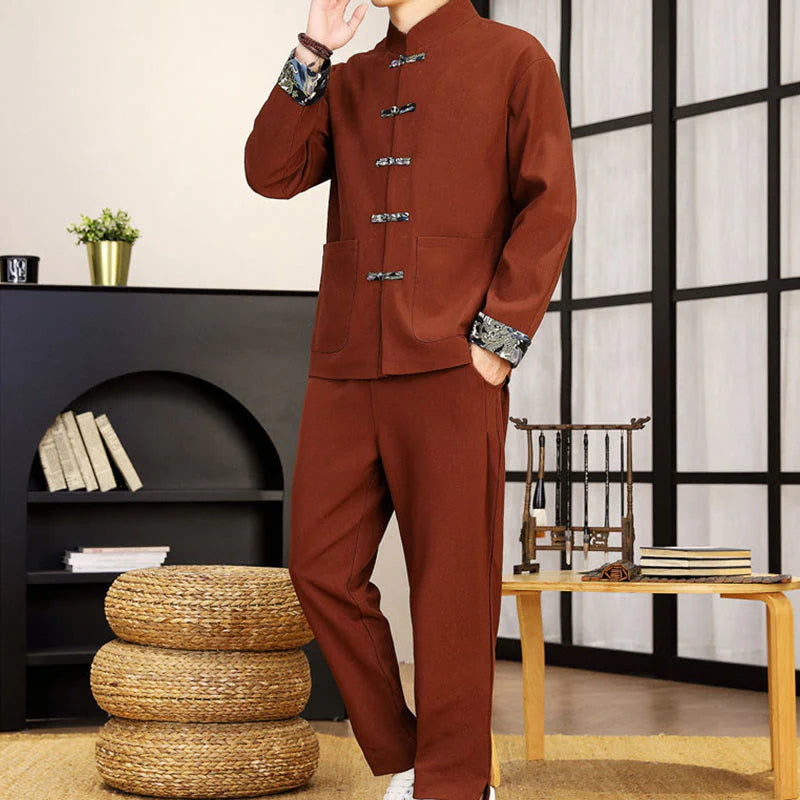 Buddha Stones 2Pcs Tang Suit Frog-Button Men's Waves Long Sleeve Shirt Pants Clothing Set