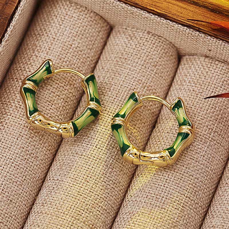 Buddha Stones Round Bamboo Dripping Design Copper Fortune Hoop Earrings