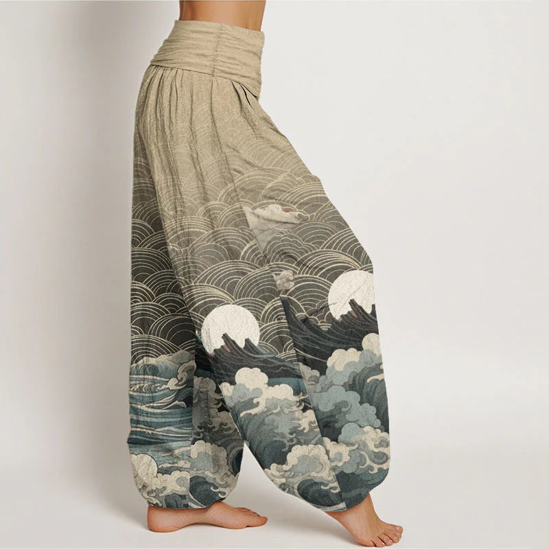 Buddha Stones Cotton Casual Wave Moon Mountain Pattern Women's Elastic Waist Harem Pants