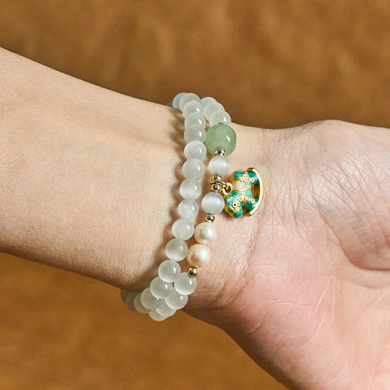 Buddha Stones Year Of The Horse Chrysoberyl Glass Bead Peace Love Double-layered Bracelet