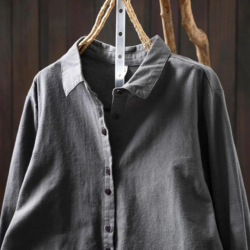 Buddha Stones Fall Solid Color Button Down Stand Collar Long Sleeve Women's Cotton Shirt
