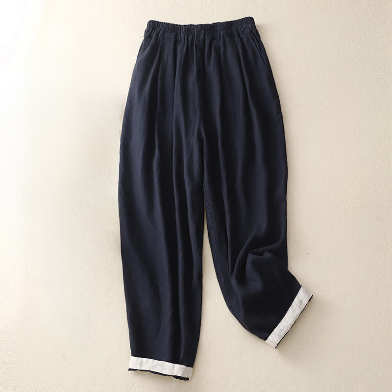 Buddha Stones Summer Plain Elastic Waist Two-tone Cuffs Cropped Women's Tapered Pants With Pockets