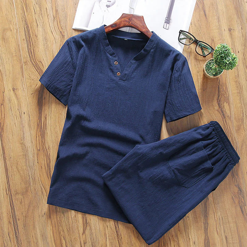 Buddha Stones Casual 2Pcs Plain Sleeve T-Shirt Shorts With Pockets Cotton Linen Men's Meditation Cloth Set