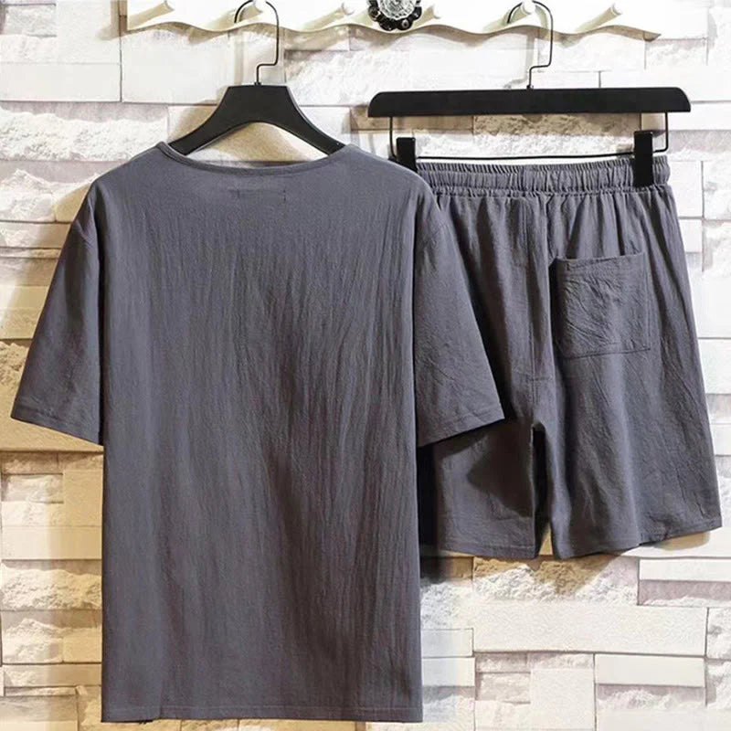 Buddha Stones 2Pcs Short Sleeve T-Shirt Drawstring Short Pants With Pockets Men's Cotton Linen Meditation Cloth Set