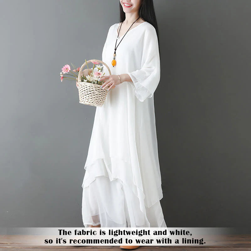 Buddha Stones V-Neck Midi Tunic Dress Wide Leg Pants Meditation Zen Practice Dance Clothing