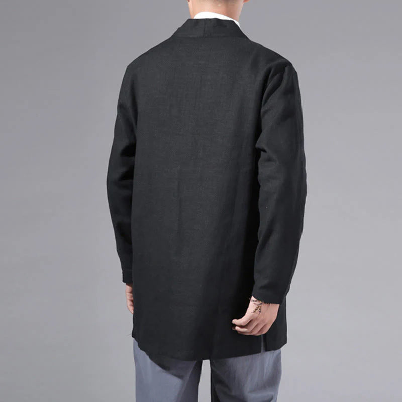 Buddha Stones Plain Simple Design Open Front Cotton Linen Men's Long Sleeve Jacket Kimono