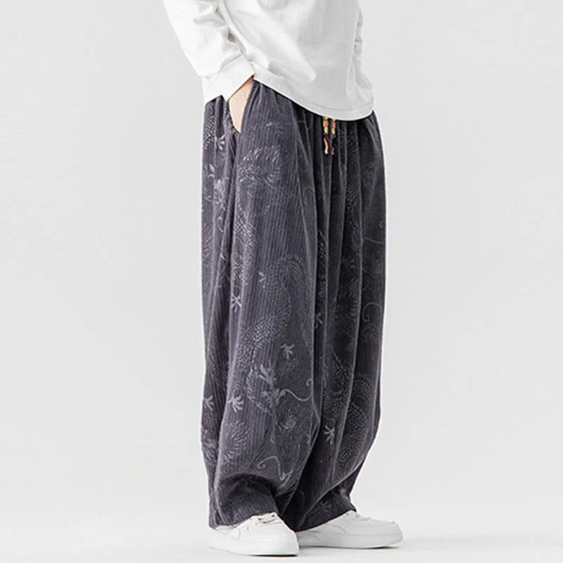 Buddha Stones Winter Dragon Phoenix Pattern Cotton Corduroy Men's Harem Pants With Pockets