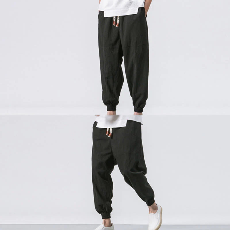 Buddha Stones Men's Plain Simple Drawstring Design Cotton Harem Pants With Pockets