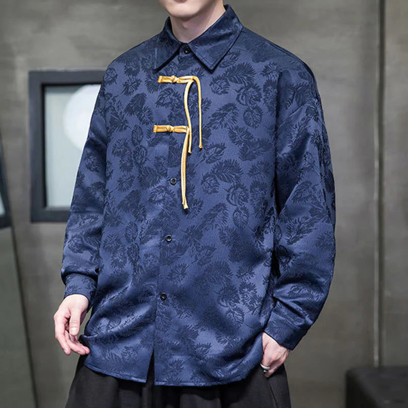 Buddha Stones Frog-Button Leaves Pattern Long Sleeve Men's Tang Suit Jacket