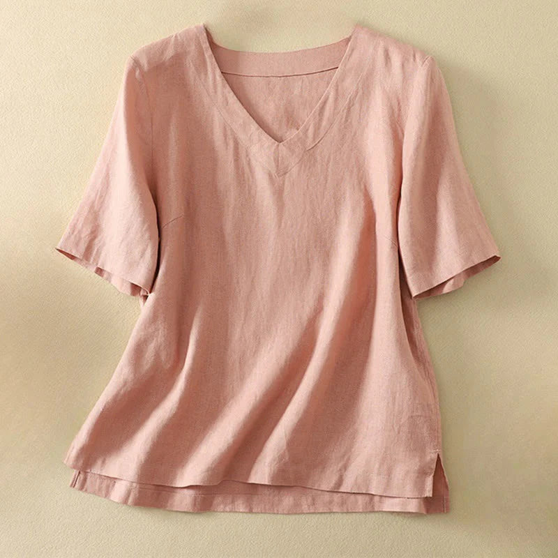 Buddha Stones Summer Casual Plain Women's V-neck Design Half Sleeve T-shirt