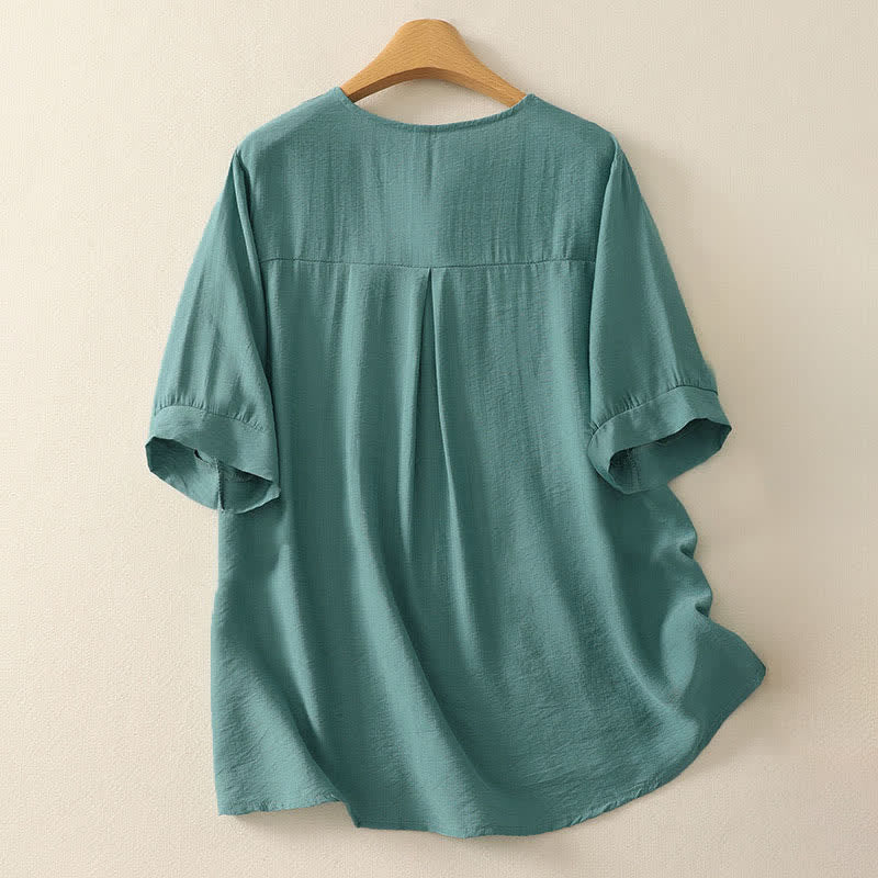 Buddha Stones Summer Mountain Embroidered Crew Neck Women's Short Sleeve Shirt