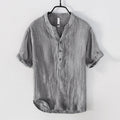 Buddha Stones Solid Color Short Sleeve Half Button Shirt Cotton Linen Men Clothing